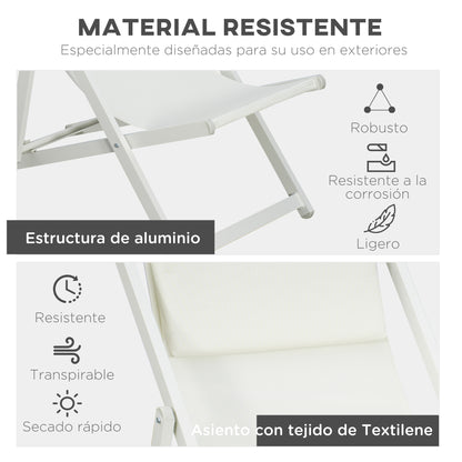 2 Tumbonas Plegables Outsunny Aluminio, Texteline Blanco 58x96,5x91,5 Cm_5