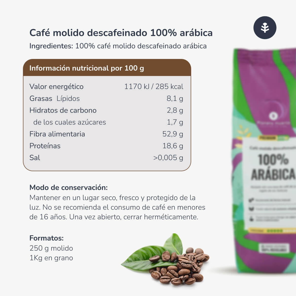 Café descafeinado molido Eco 100% Arábica Planeta Huerto 250 g