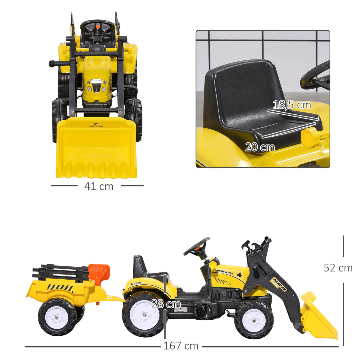 Tractor Infantil Homcom Pp, Pvc, Metal Amarillo 167x41x52 Cm_2