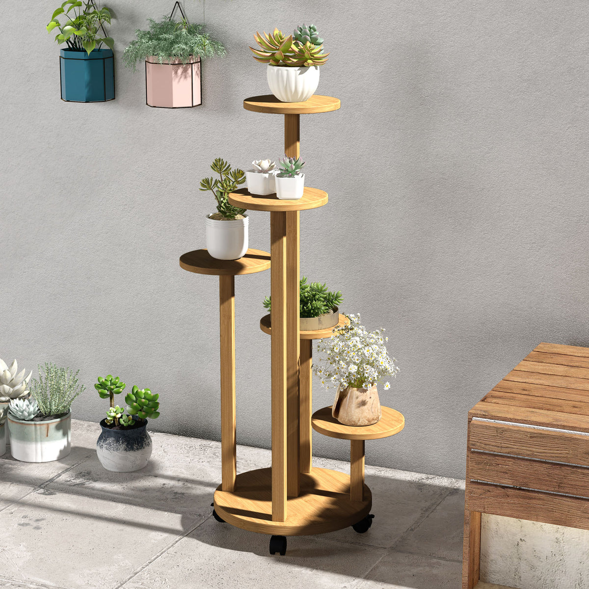 Soporte Para Plantas Outsunny Bambú Madera Natural 33x33x90 Cm_3