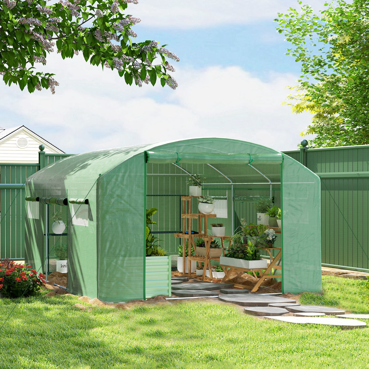 Invernadero De Túnel Outsunny Pe, Acero Galvanizado Verde 397x300x200 Cm 84h-219v01gn_1