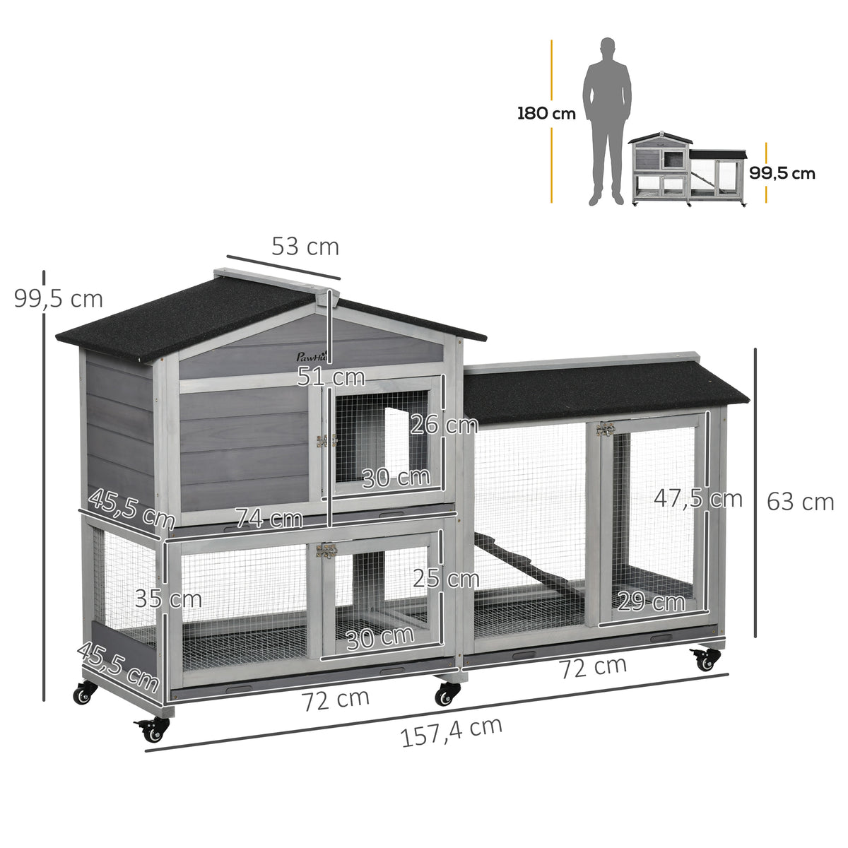 Conejera De Madera Pawhut Madera De Abeto, Acero Gris Claro 157.4x53x99.5 Cm_2