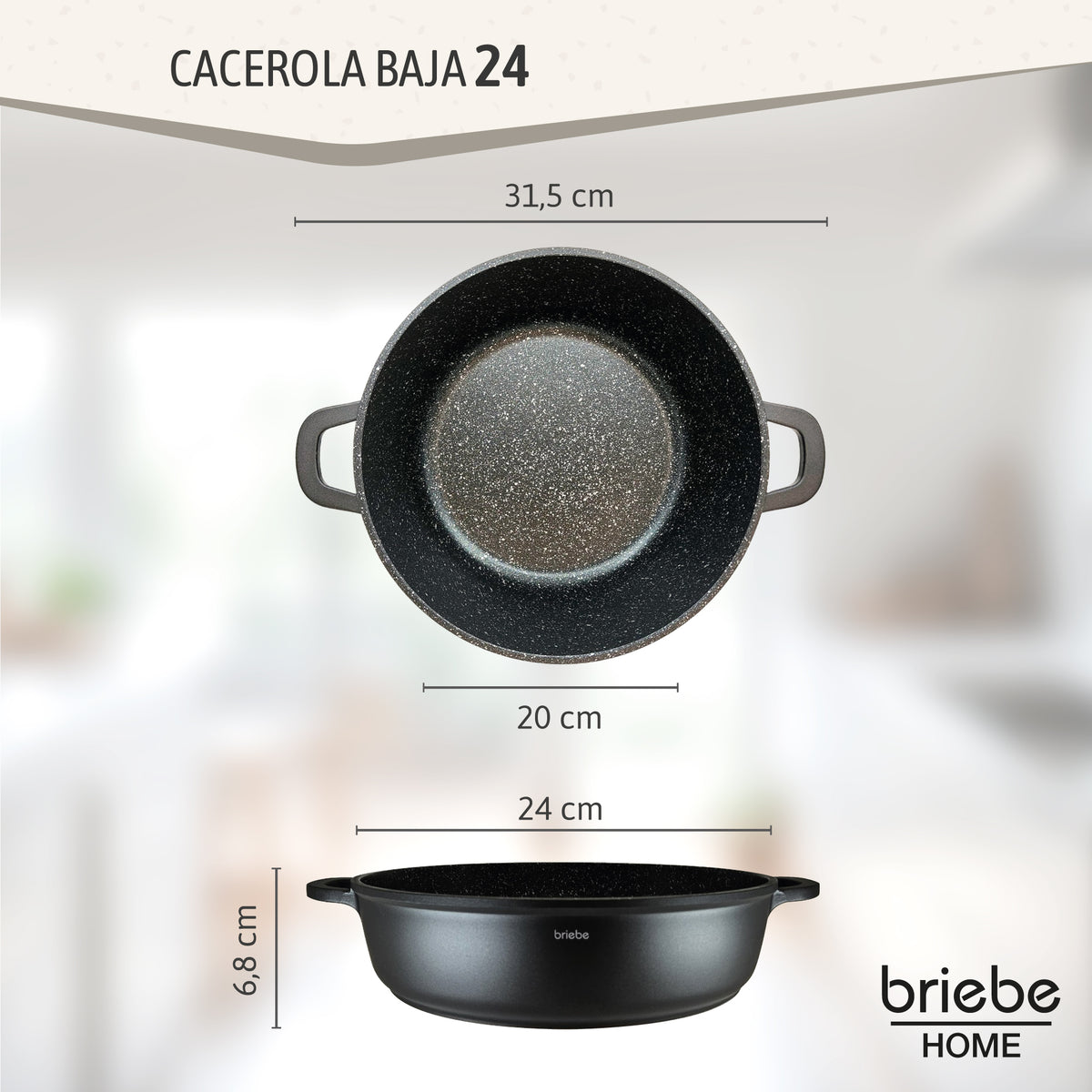 Briebe Cacerola Baja Cocina Inducción Antiadherente Titanio, Cazuela 24cm, Aluminio Fundido Sin Pfoa, Black Titanium_1