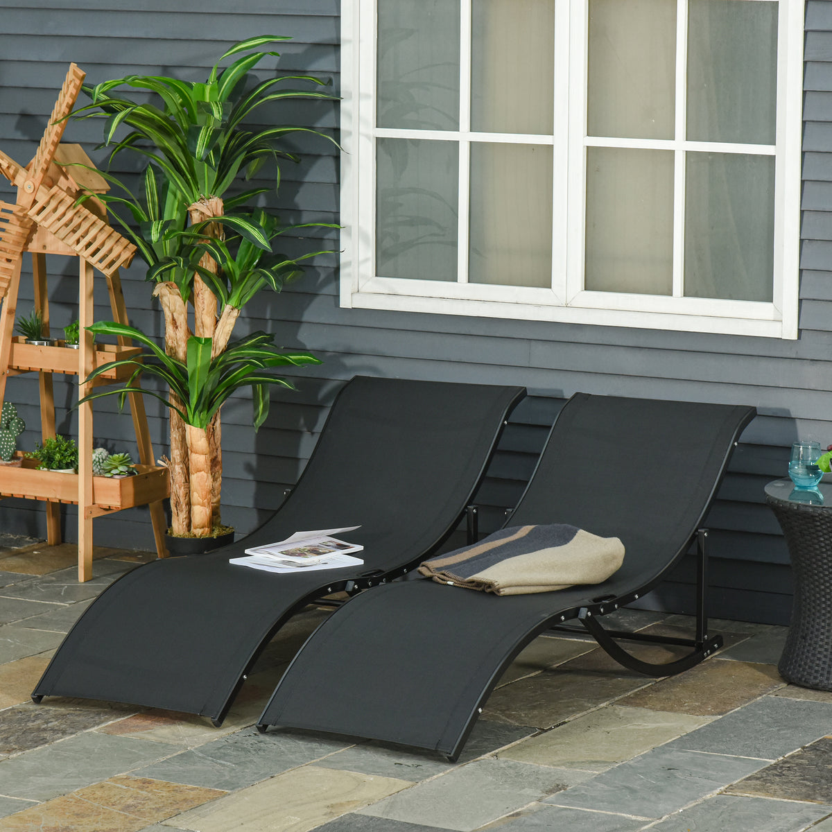 2 Tumbonas Plegables De Jardín Aluminio Outsunny 165x61x63 Cm Negro_1