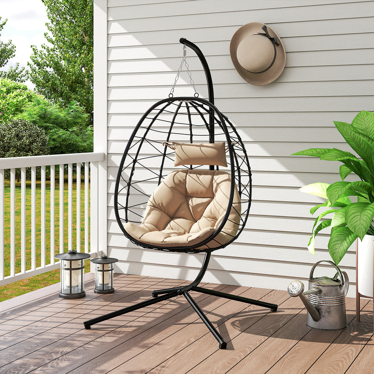 Silla Colgante Outsunny Acero, Poliéster Caqui 98x95x198 Cm_4