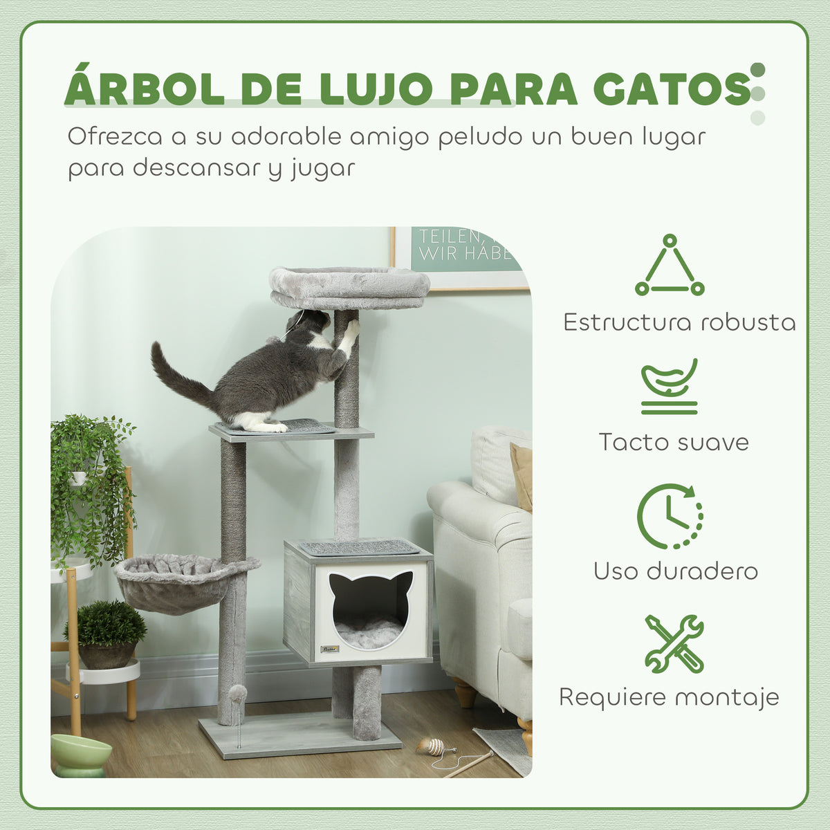 Pawhut Árbol Rascador Para Gatos 126 Cm Con Plataforma Hamaca Caseta Gris_3