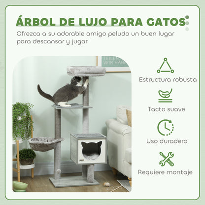 Pawhut Árbol Rascador Para Gatos 126 Cm Con Plataforma Hamaca Caseta Gris_3