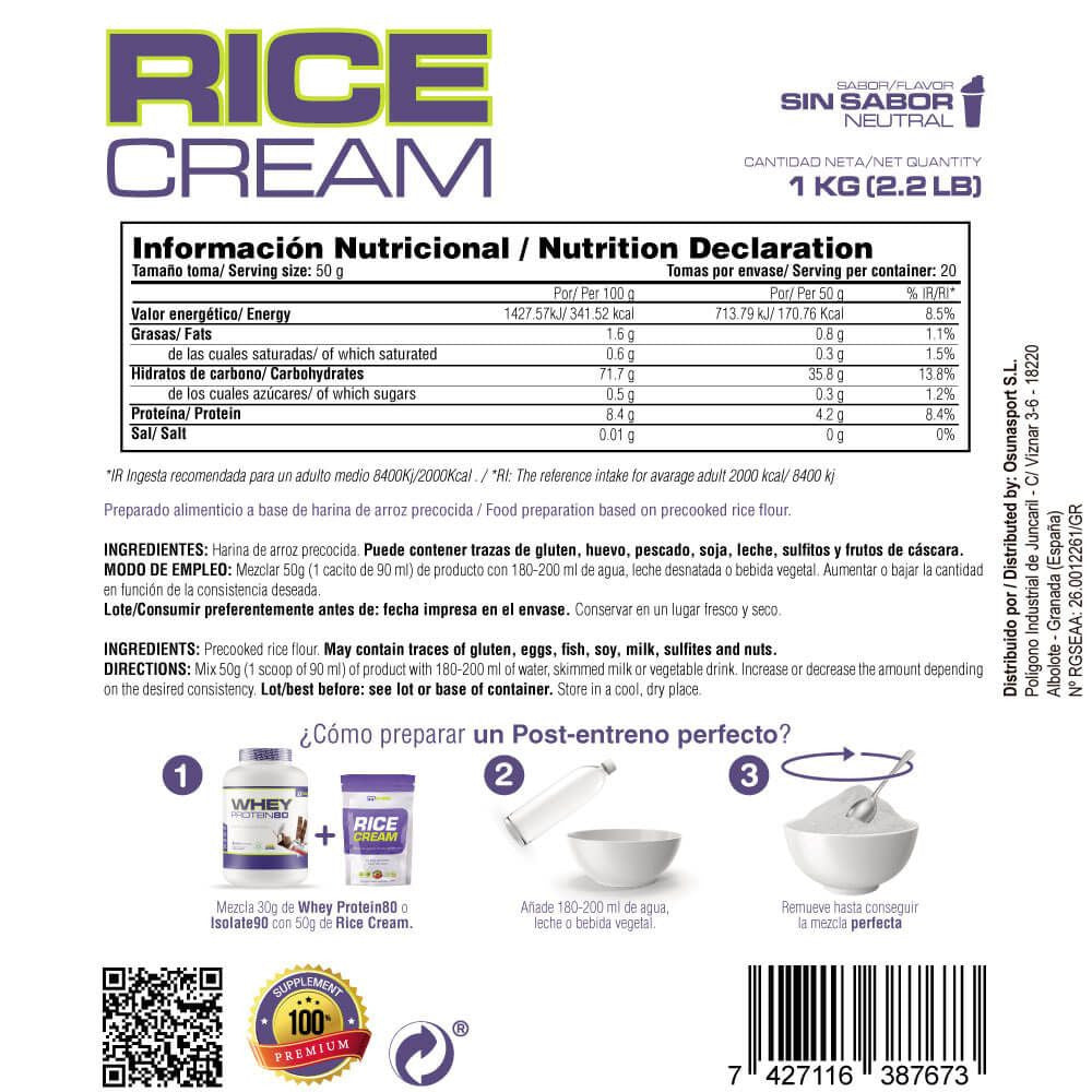 Rice Cream (crema De Arroz Pregelatinizada) - 1kg - Neutro - Fuente De Carbohidratos De Buena - Masmusculo_4
