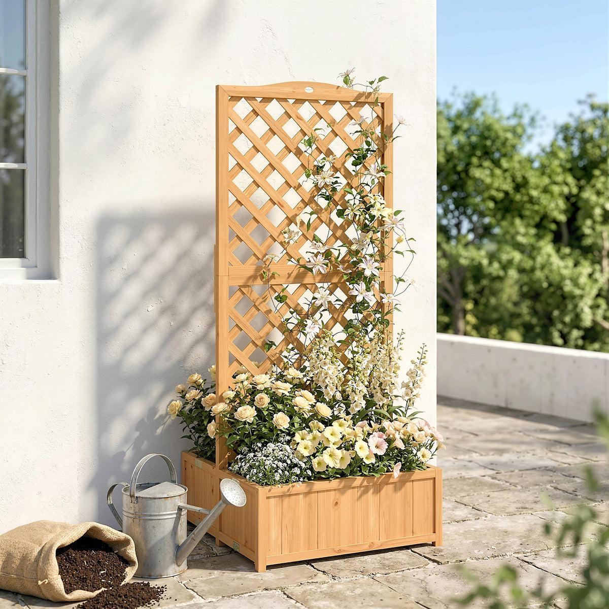 Jardinera Con Enrejado Outsunny Madera De Abeto Madera Natural 73x70x170 Cm_1