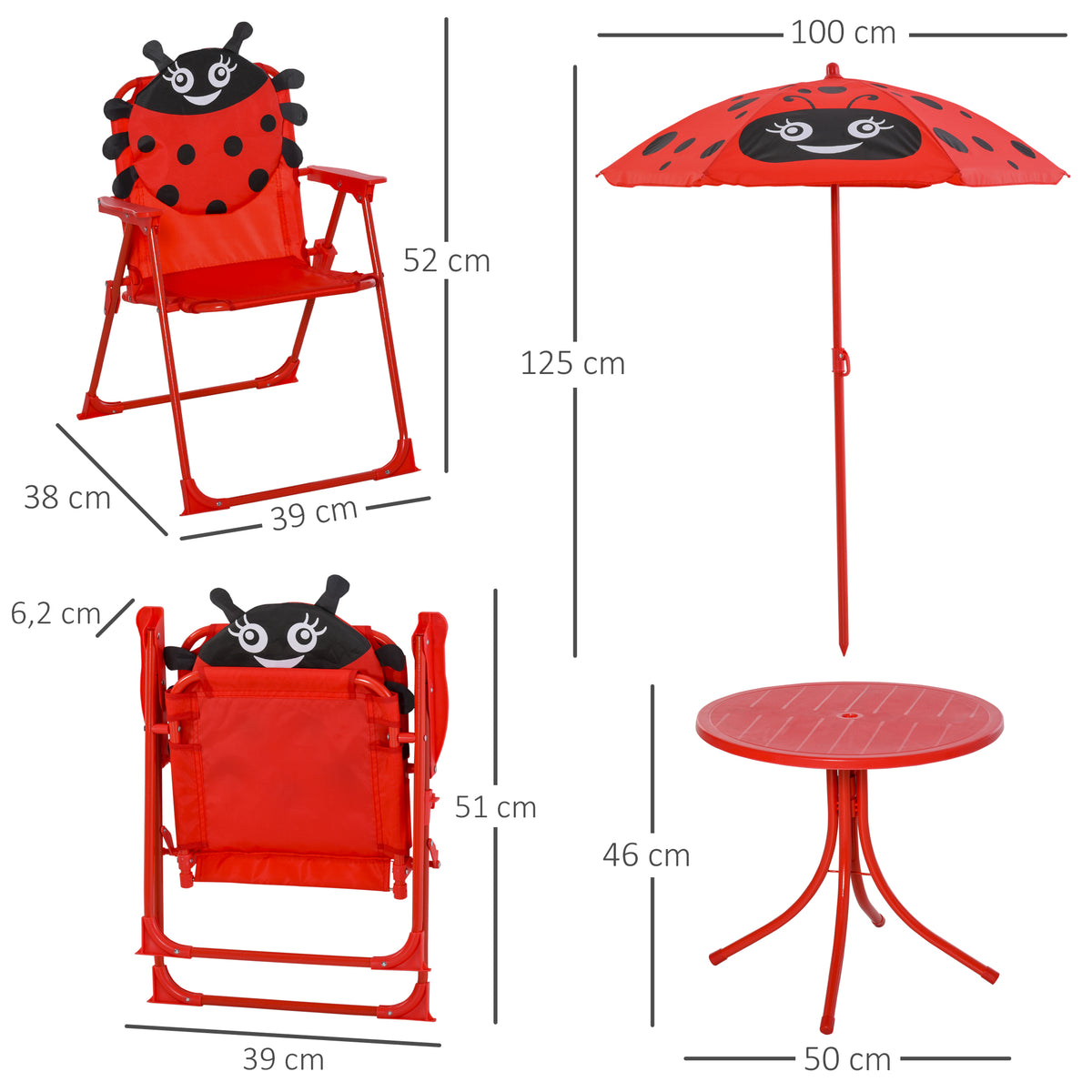 Mesa Y Sillas Plegable Infantil Con Sombrilla Outsunny Ø50x46 Cm Rojo_2