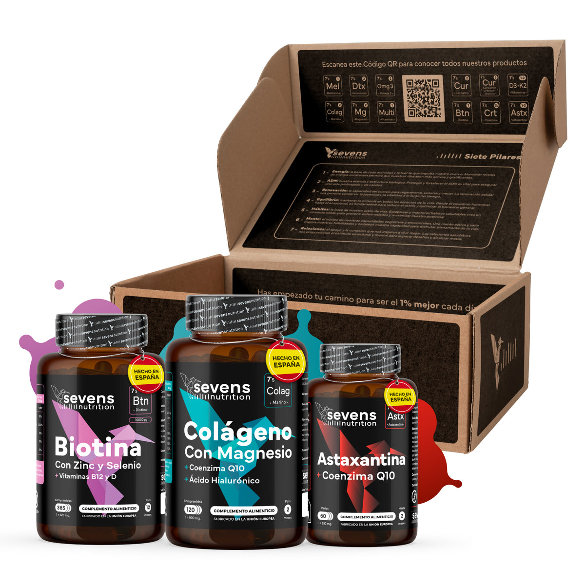 Pack Glow Para Regalo: Astaxantina, Biotina Y Colágeno Marino Puro. Sevens Nutrition. Antioxidante, Pelo, Uñas Y Piel_0