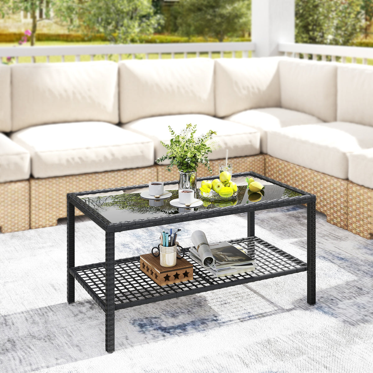 Mesa De Jardín Outsunny Ratán Pe, Acero Negro 92x50x45 Cm_1