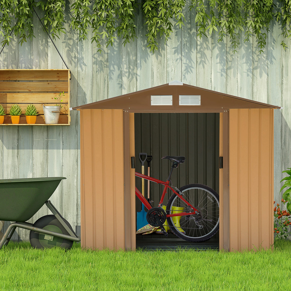Caseta De Jardín Con 2 Puertas Correderas Outsunny 213x130x185cm Caqui_1