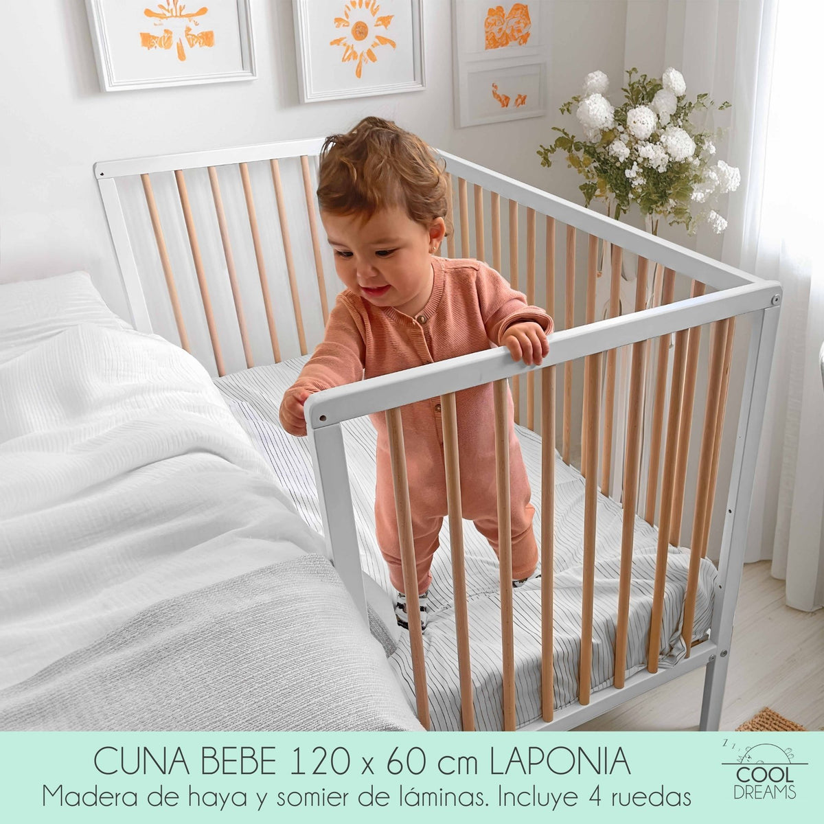 Cuna Laponia Estilo Nórdico Infantil Natural 120x60 Cm Madera De Haya Con Colchón Ternum Y 4 Ruedas Con Freno_1