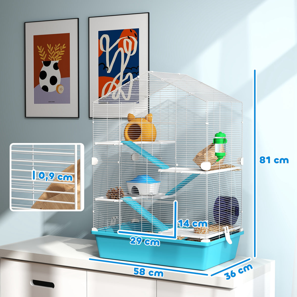 Jaula Para Hámster Pawhut Metal, Pp Azul Claro 58x36x81 Cm_2