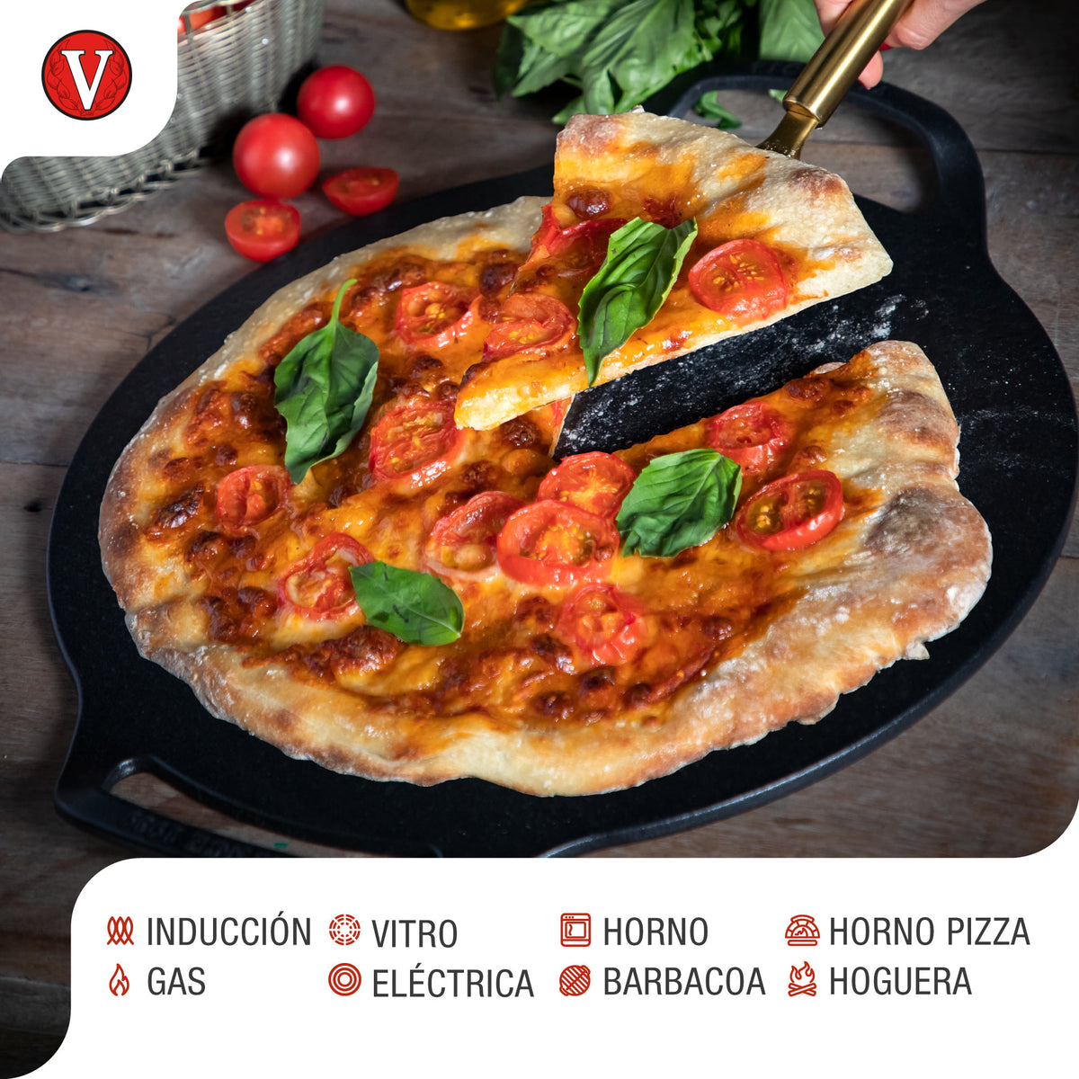 Victoria Plancha Cocina Para Pizza Hierro Fundido Curado Inducción, Sartén 38cm, Fuego, Barbacoa, Horno, 34474, Negro_3