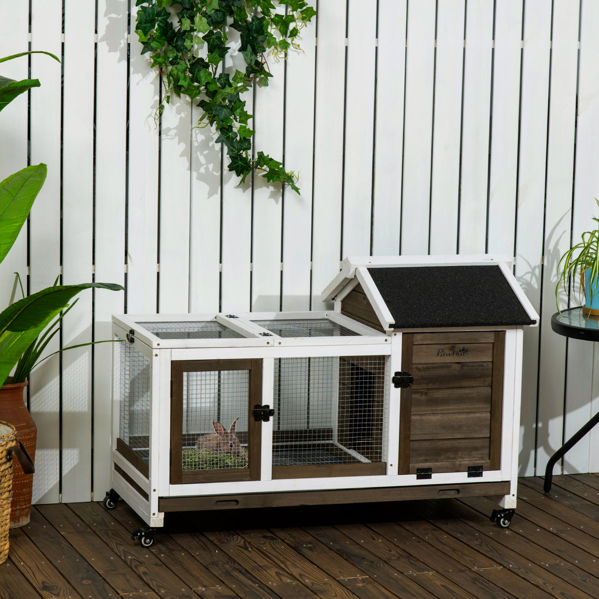 Pawhut Conejera De Madera Con Ruedas 108x58x73,5 Cm Con Techo Abrible Corral_1