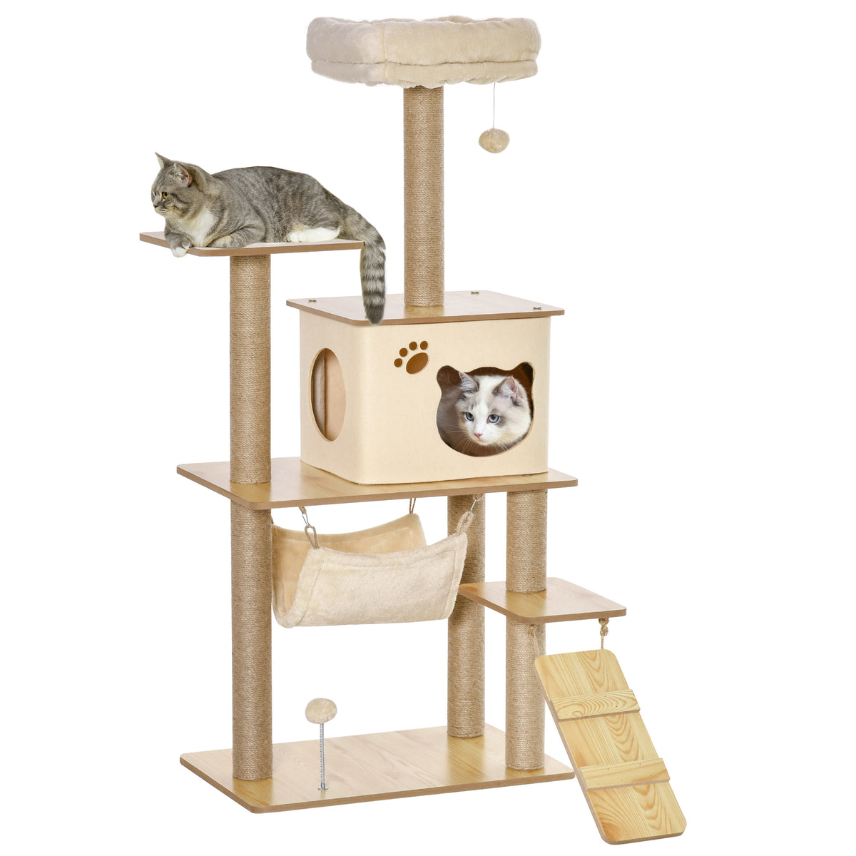Pawhut Árbol Rascador Para Gatos Con Plataformas Hamaca Escalera Cueva 60x40x130_0