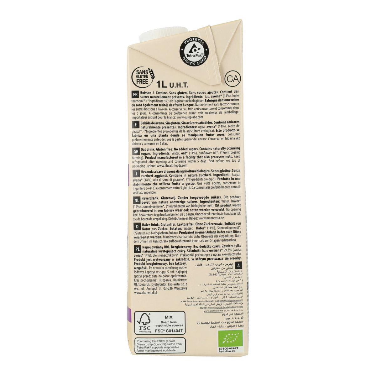 Pack 6 uds Bebida Vegetal de Avena Bio Sin Gluten Ecomil 1 L