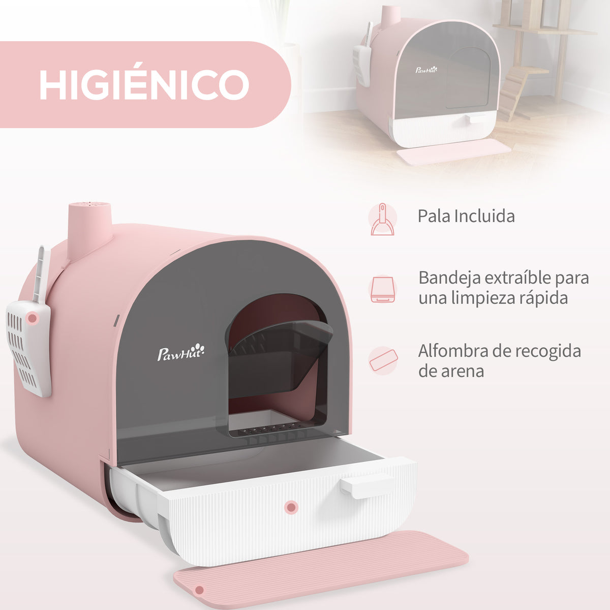 Pawhut Arenero Para Gatos Con Bandeja Extraíble Pala Alfombra 43x44x47cm Rosa_3