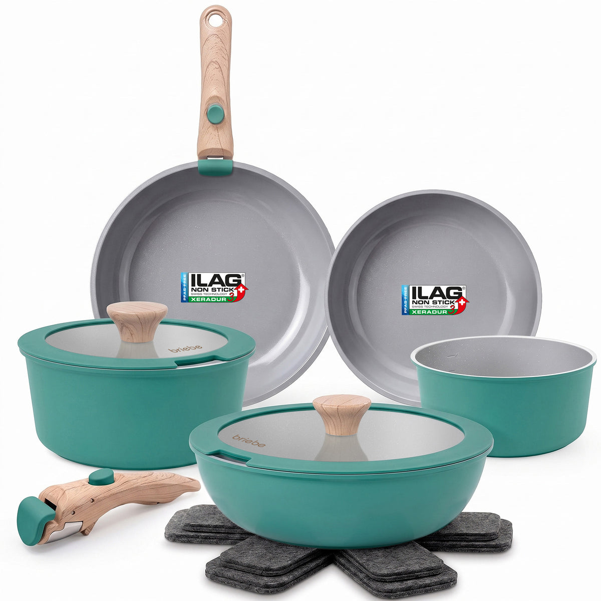 Briebe Nest Batería Cocina Inducción Cerámica Mango Extraíble Apilable, Antiadherente Suizo Ilag, 13 Piezas, 3 Sartenes_0