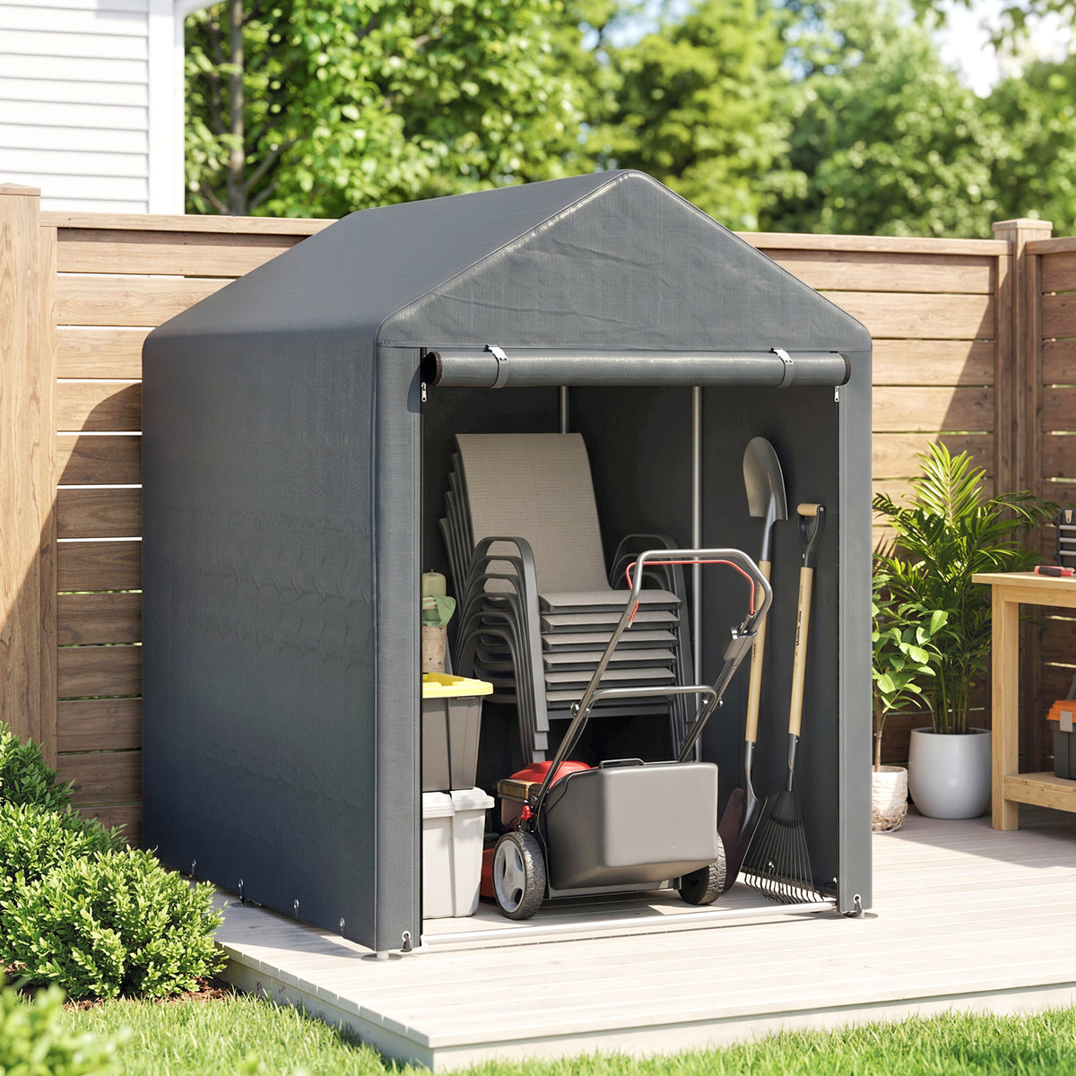 Carpa Para Herramientas Outsunny Metal Galvanizado, Pe Gris Oscuro 120x179x165 Cm_3