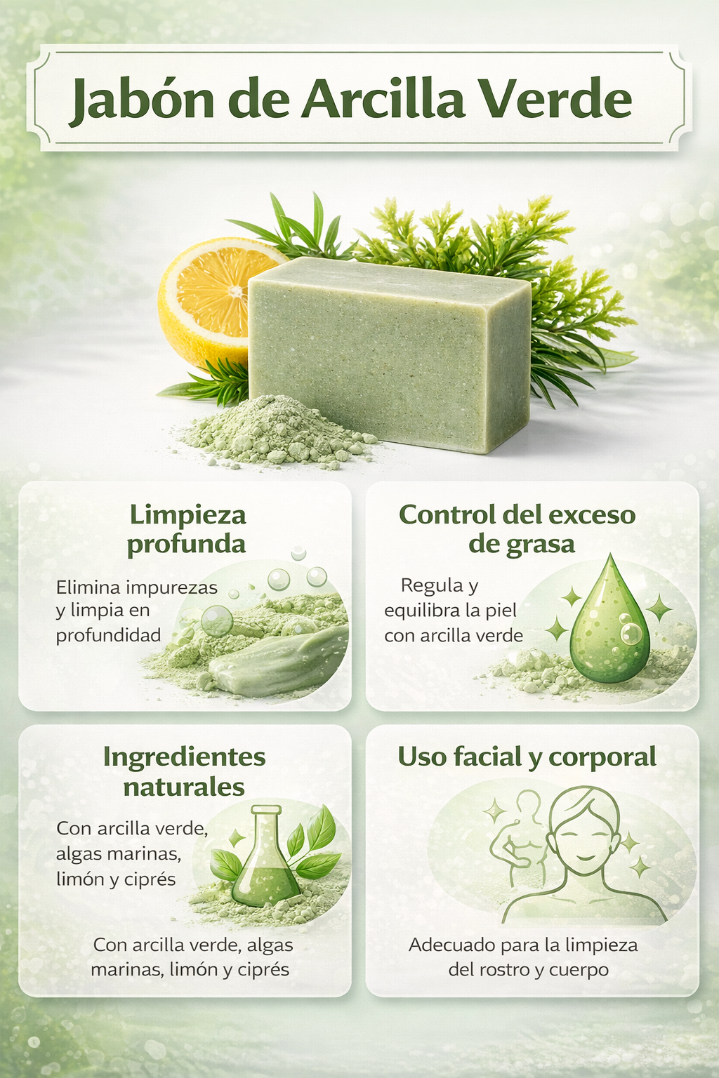 Jabón Sólido Natural de Arcilla Verde 100 g | Limpieza Purificante para Piel Grasa y Mixta | M&On Naturals_2
