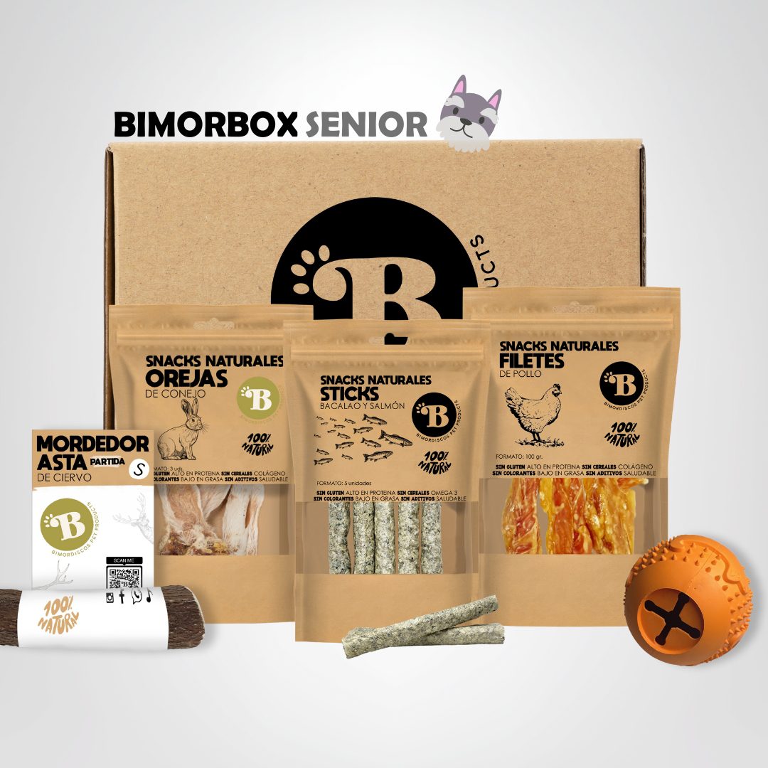Bimorbox Perros Senior Pequeños – Pack Ahorro Con Pelota, Mordedor De Asta De Ciervo Y Snacks Sin Aditivos_0