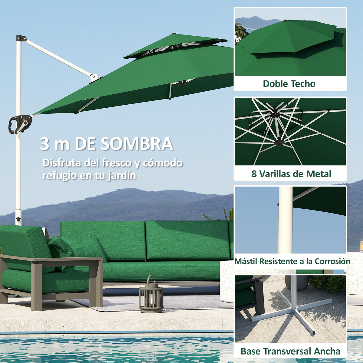 Sombrilla Excéntrica Outsunny Poliéster, Metal Verde Oscuro 292x292x247 Cm_5