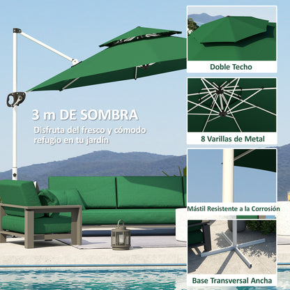 Sombrilla Excéntrica Outsunny Poliéster, Metal Verde Oscuro 292x292x247 Cm_5