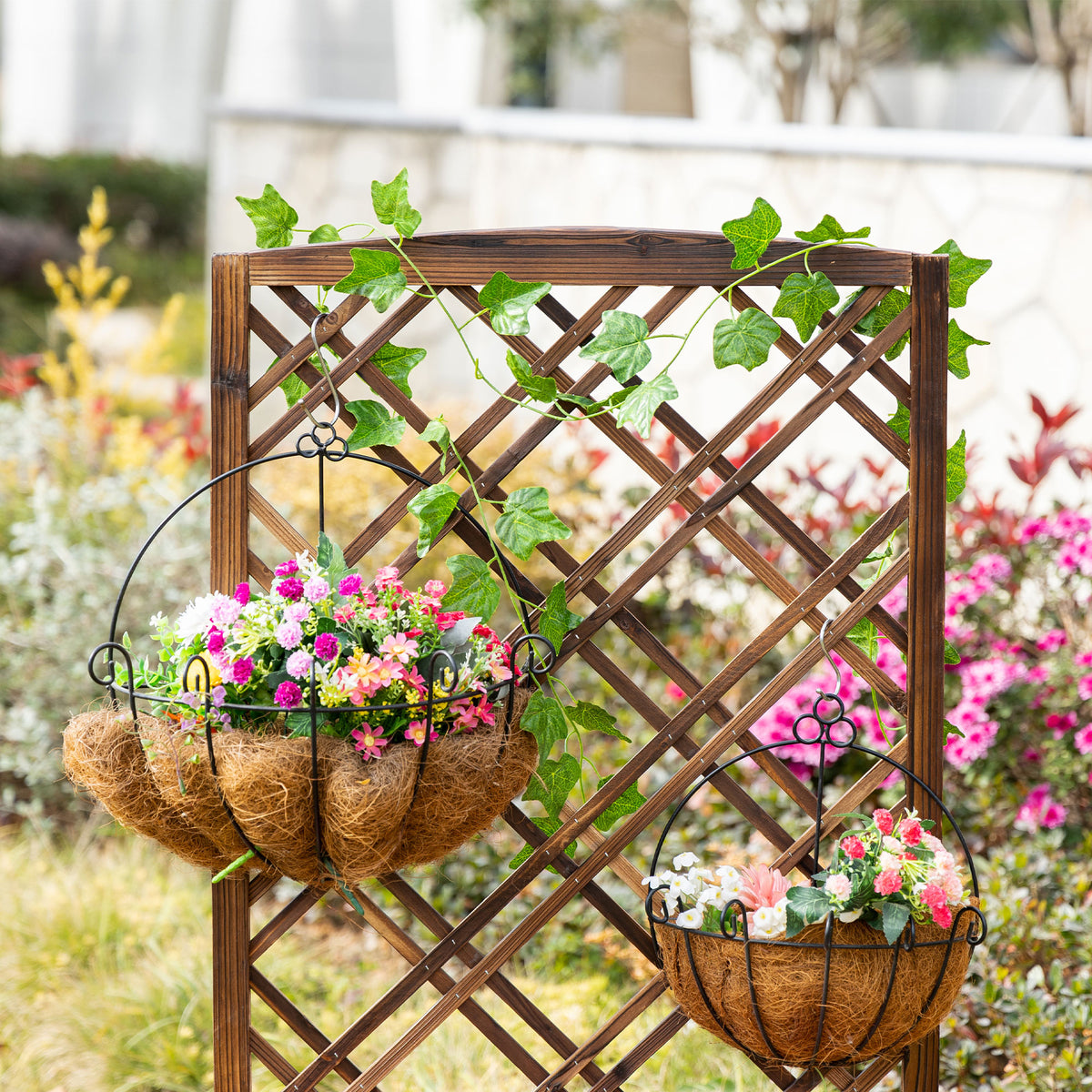 Jardinera Con Enrejado De Madera Outsunny 60x30x122,5 Cm Marrón_3