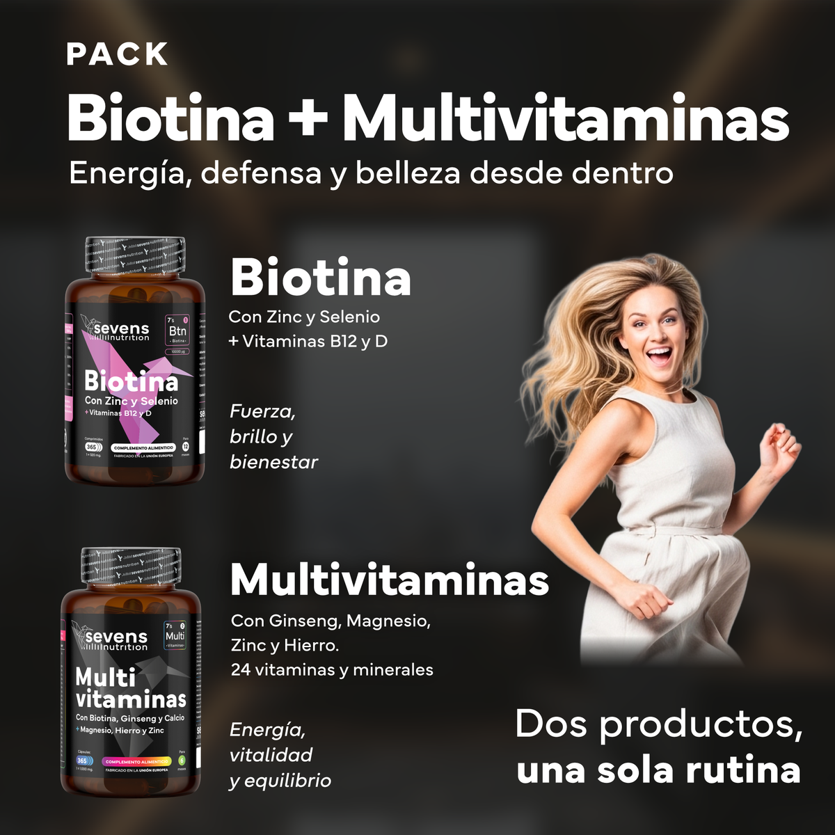 Biotina 10.000 Mcg + Multivitaminas Con Ginseng. Sevens Nutrition. Cabello, Piel Y Uñas + Energía Y Vitalidad Diaria_1