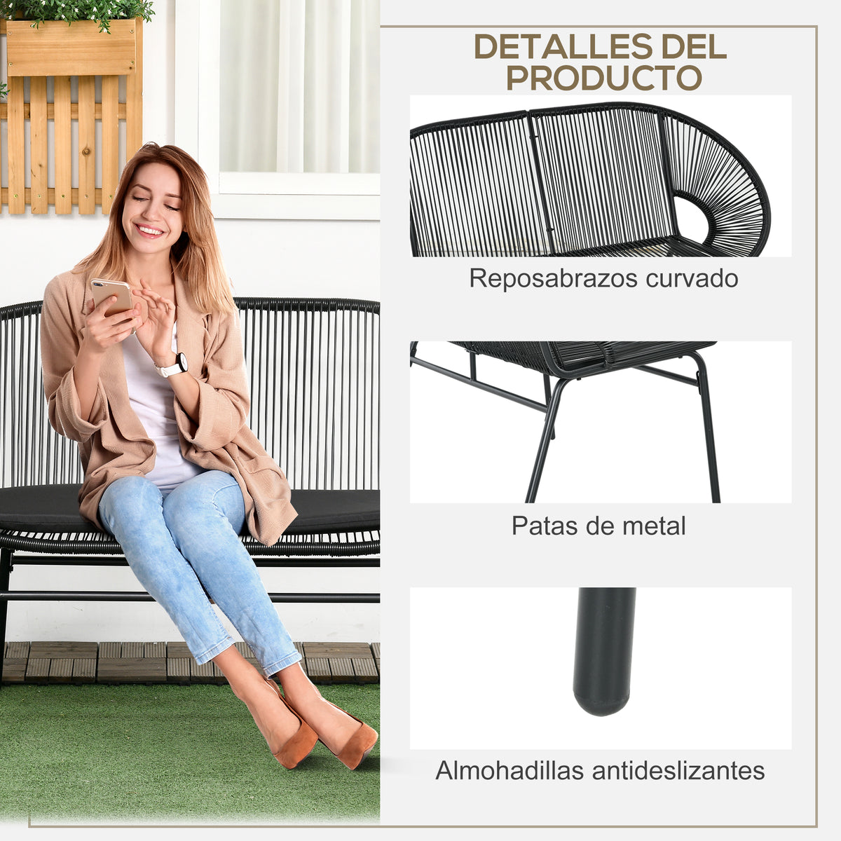 Silla De Ratán Outsunny Acero, Pe Negro 132x72x83 Cm_5