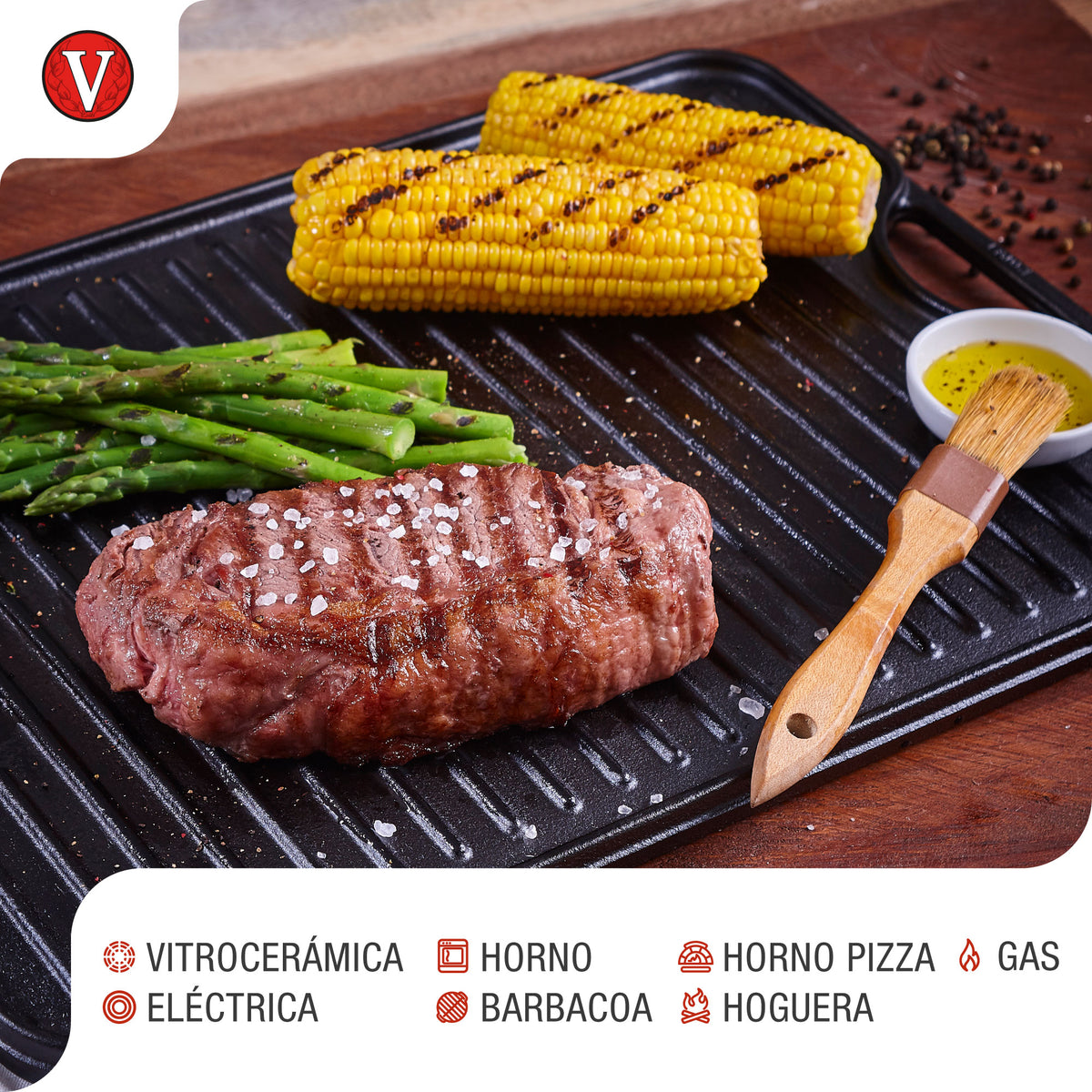 Victoria Plancha Cocina Hierro Fundido Esmaltado Parrilla Reversible 47x25cm, Fuego Barbacoa Sin Ptfe, 31770, Negro_3