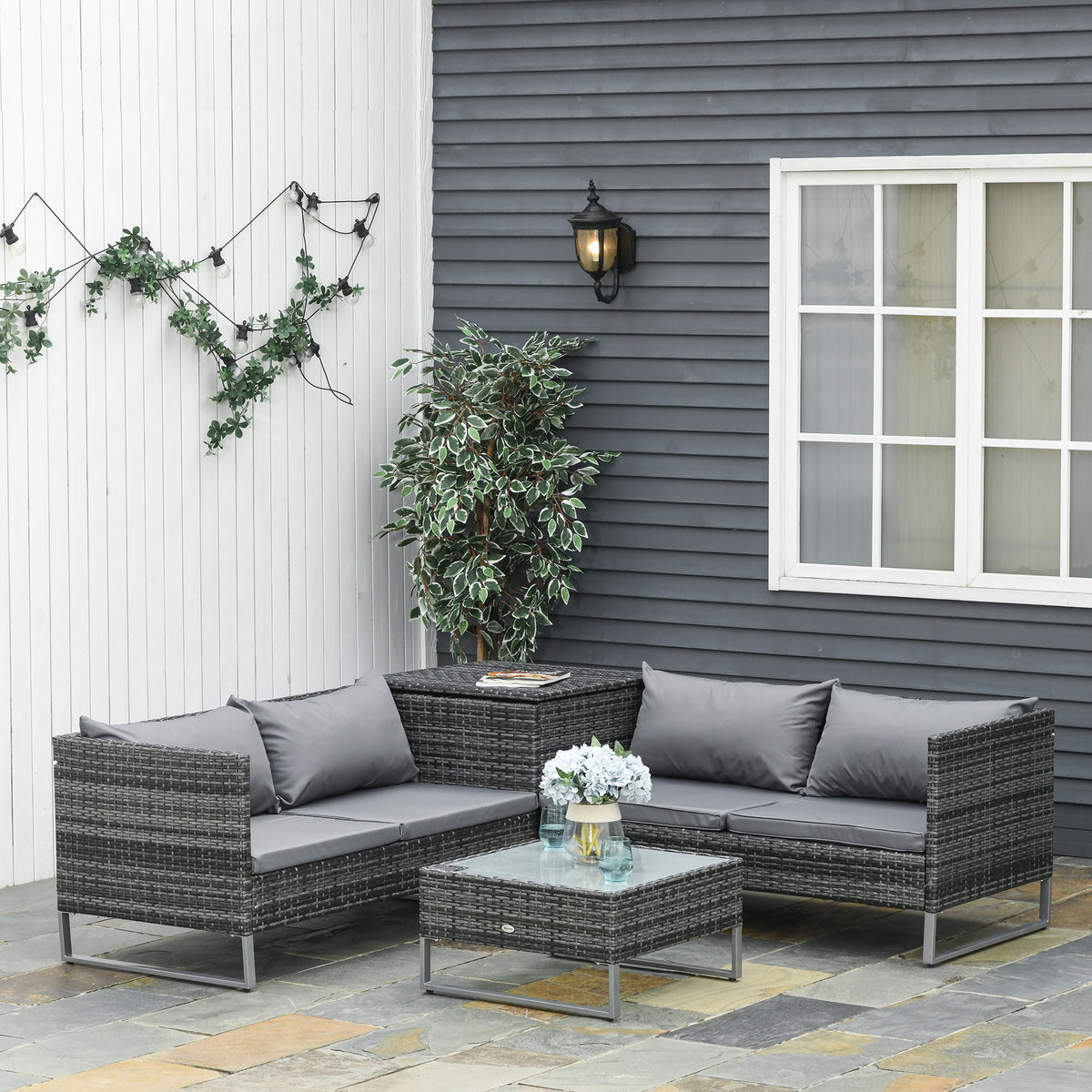 Conjunto De Muebles De Jardín De Ratán Outsunny Gris 132x69x64 Cm_1