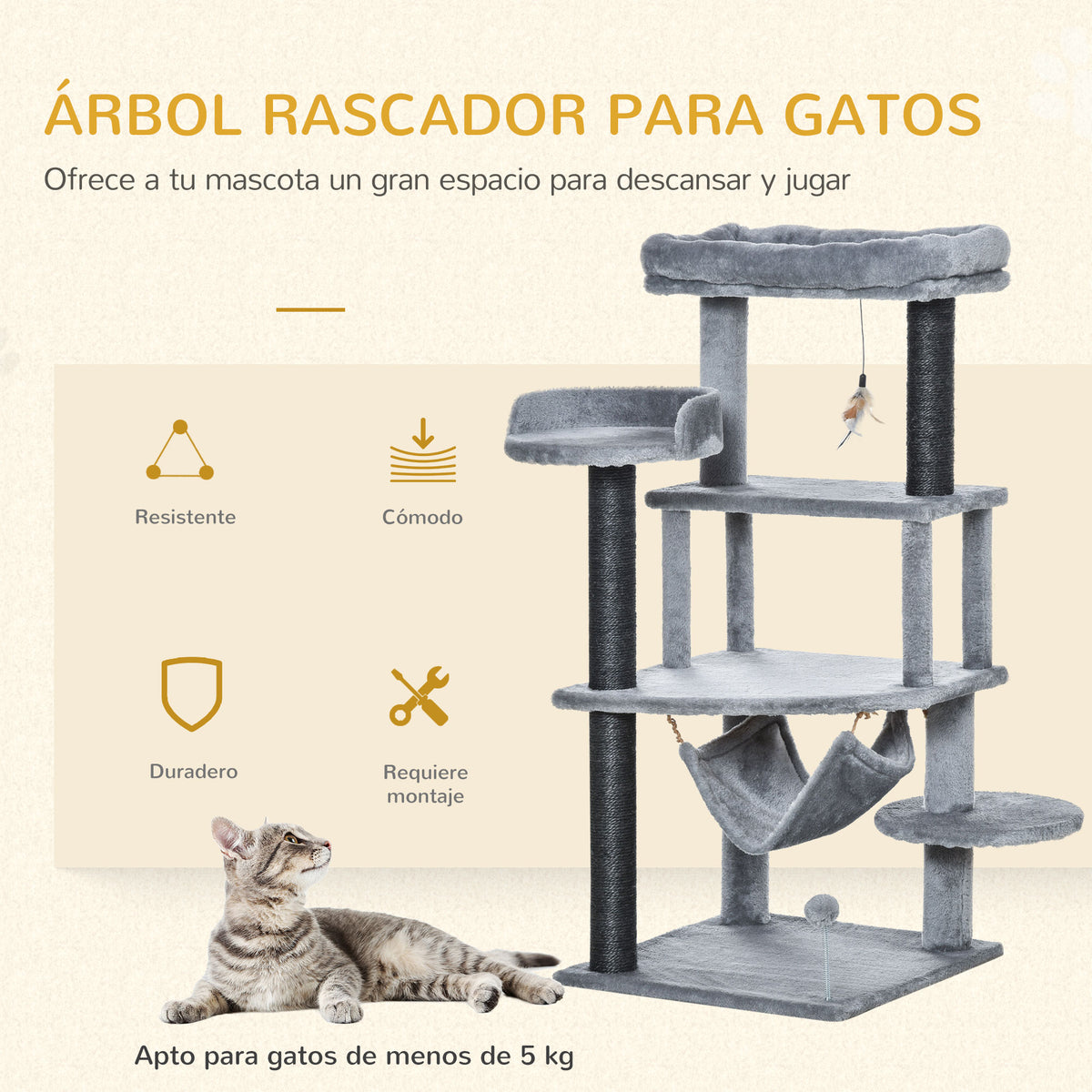 Pawhut Árbol Rascador Gatos 48x48x107cm Con Cueva De Fieltro Desmontable Hamaca_3