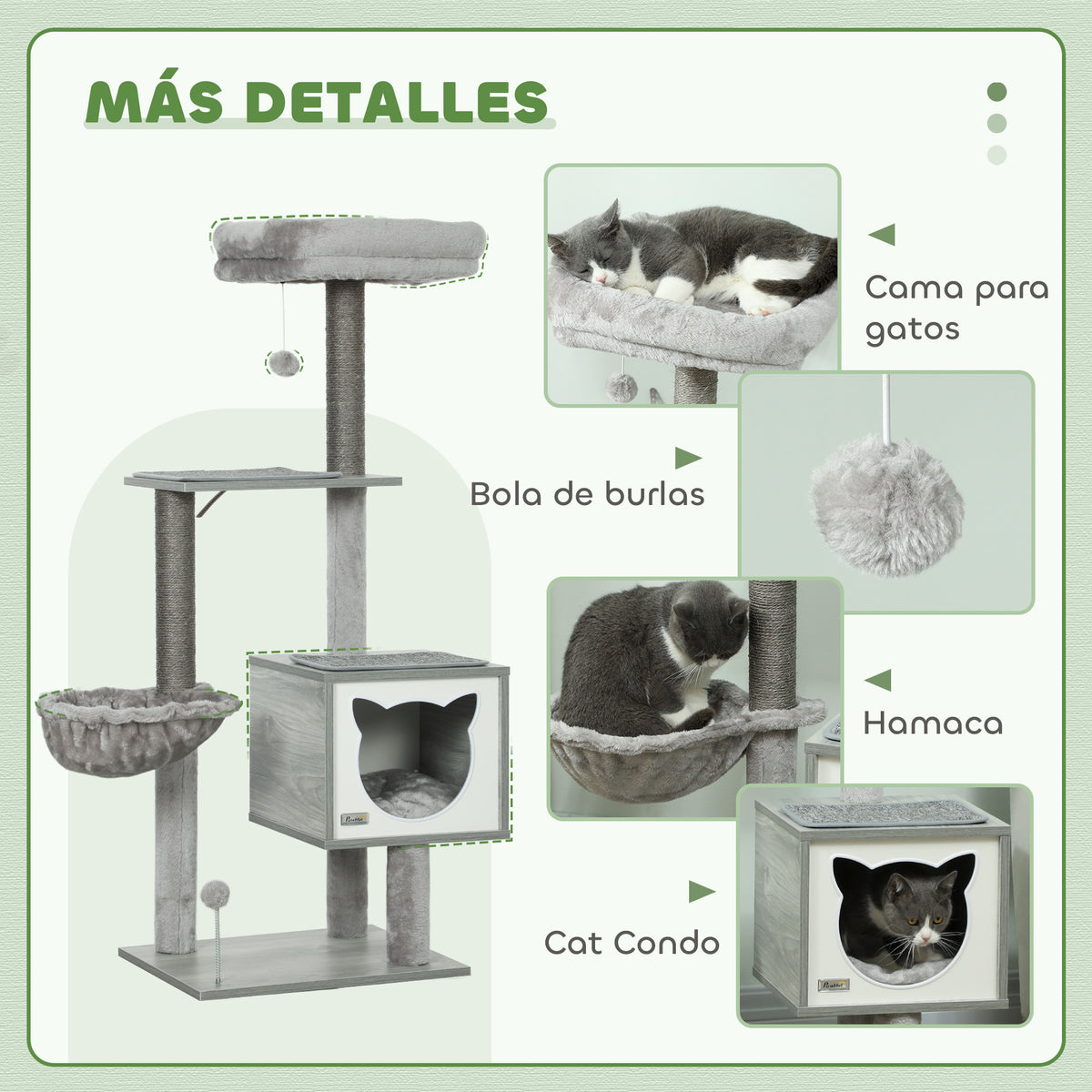 Pawhut Árbol Rascador Para Gatos 126 Cm Con Plataforma Hamaca Caseta Gris_4