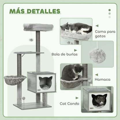 Pawhut Árbol Rascador Para Gatos 126 Cm Con Plataforma Hamaca Caseta Gris_4