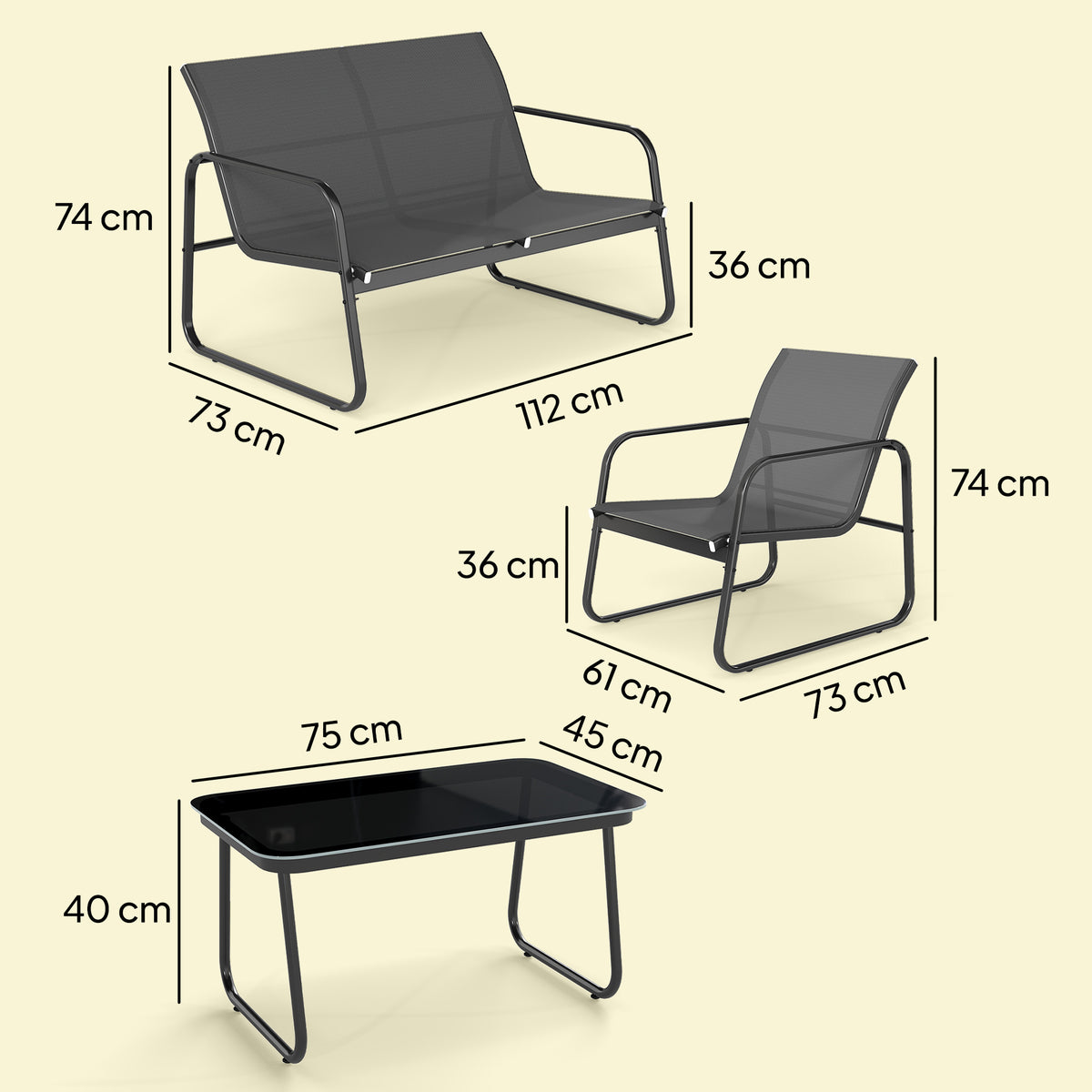 Muebles De Jardín Outsunny Acero, Textilene Gris Oscuro Y Negro 112x73x74 Cm_2