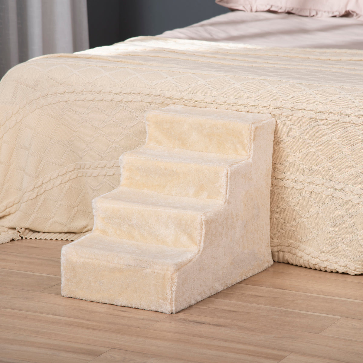Pawhut Escalera Para Mascotas De 4 Peldaños Con Funda Extraíble 60x35x44cm Beige_1