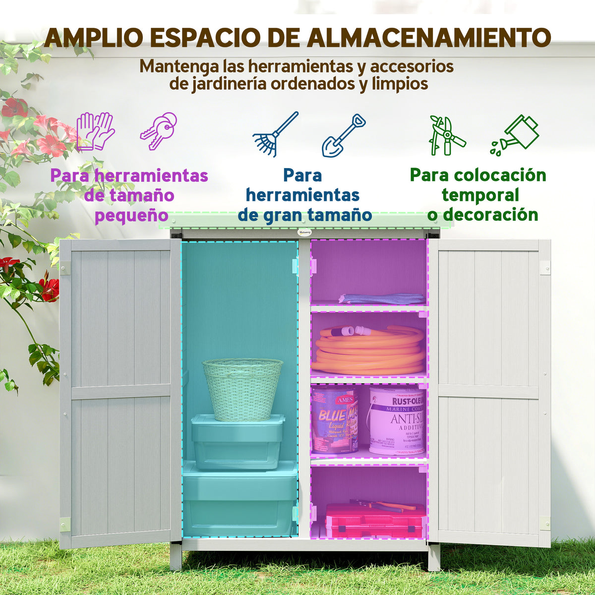 Armario De Jardín Outsunny Madera De Abeto Gris 75x40x90 Cm_3