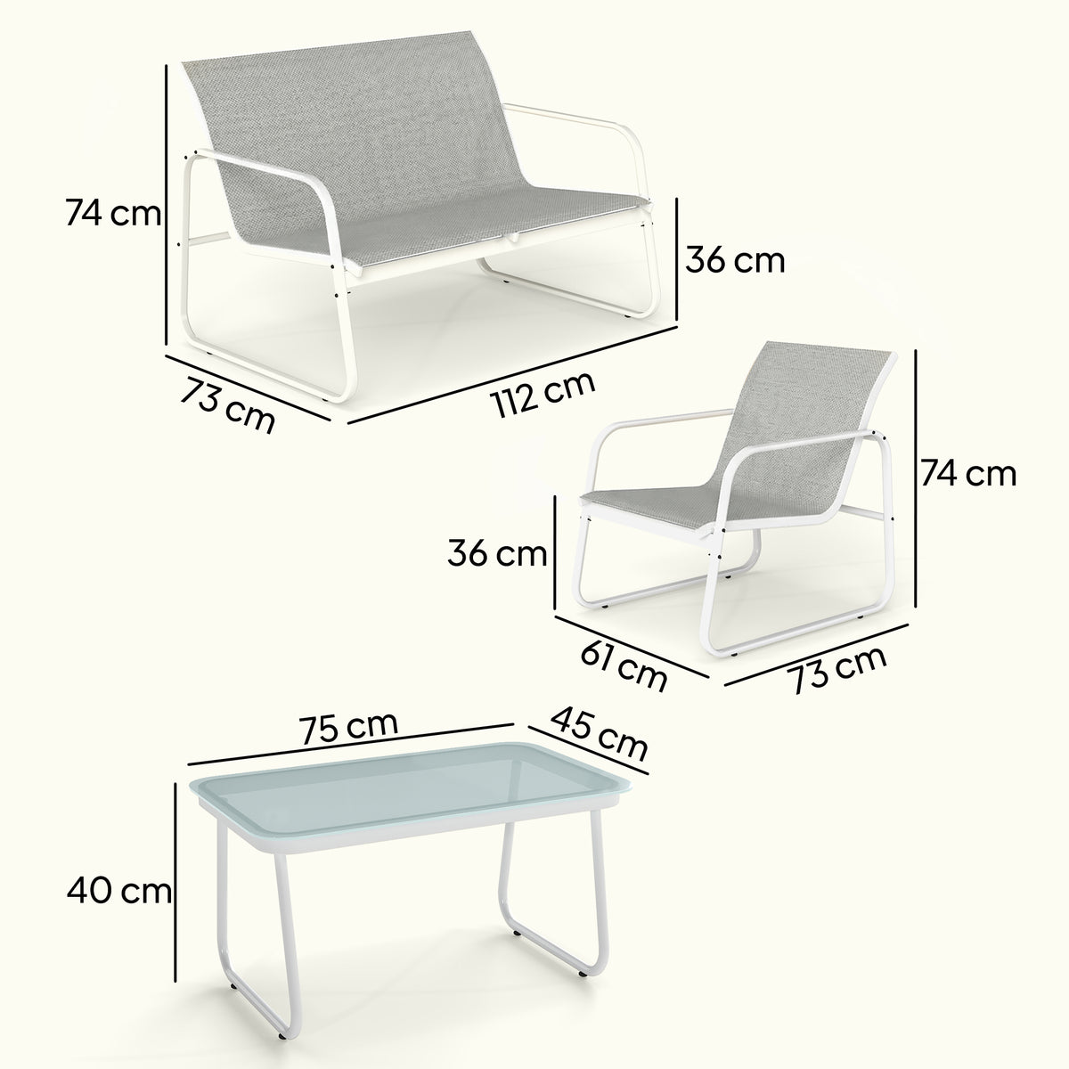 Muebles De Jardín Outsunny Acero, Textilene Gris Claro Y Blanco 112x73x74 Cm_2