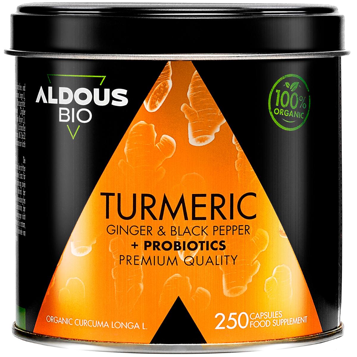 Cúrcuma Ecológica con Jengibre, Pimienta Negra y Probióticos, 250 cápsulas. Aldous Bio