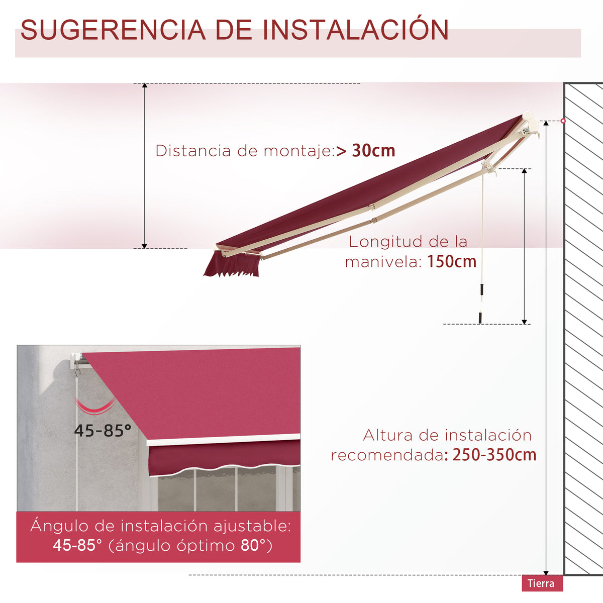 Toldo Manual Plegable Outsunny Rojo 395x245 Cm Aluminio Metal_3