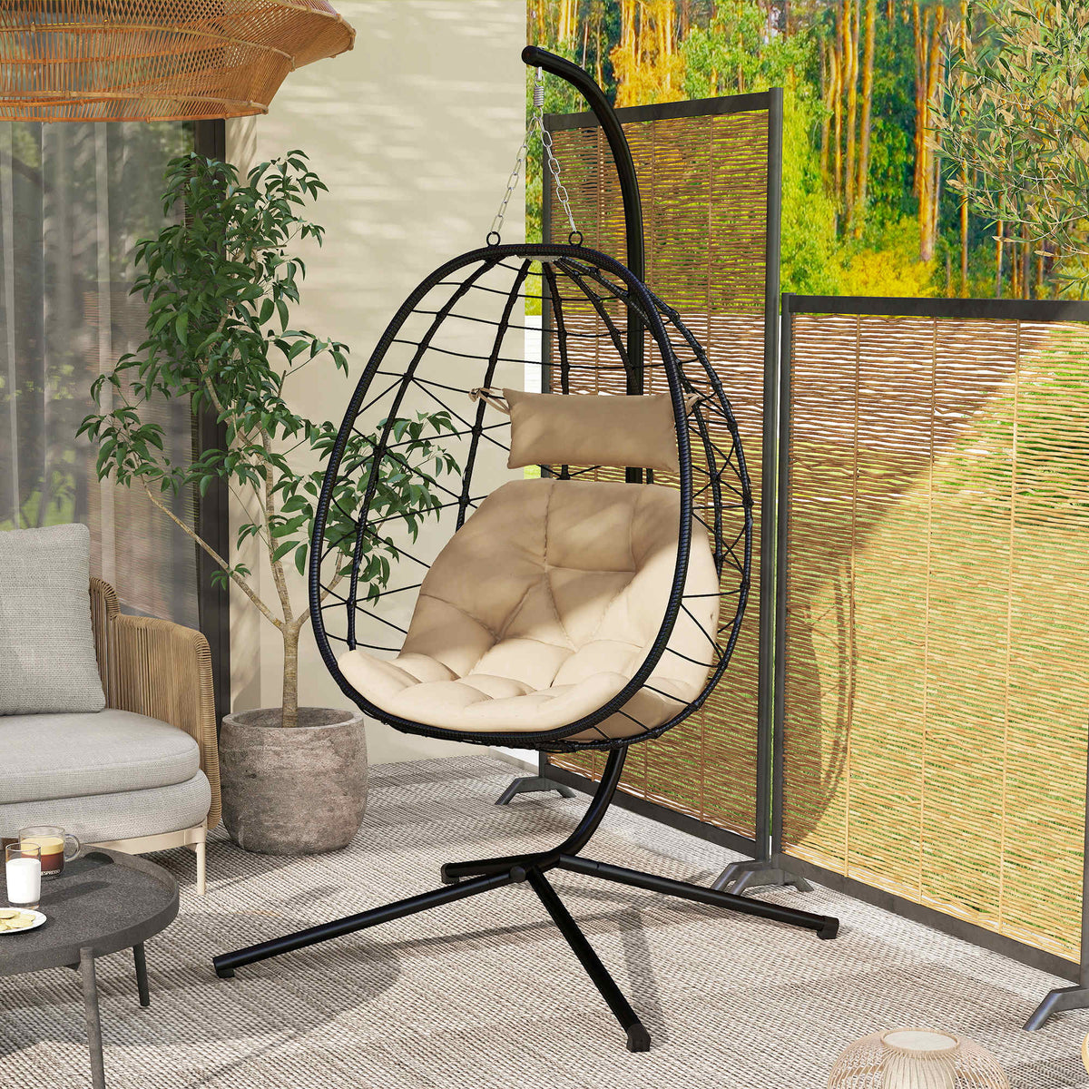 Silla Colgante Outsunny Acero, Poliéster Caqui 98x95x198 Cm_1
