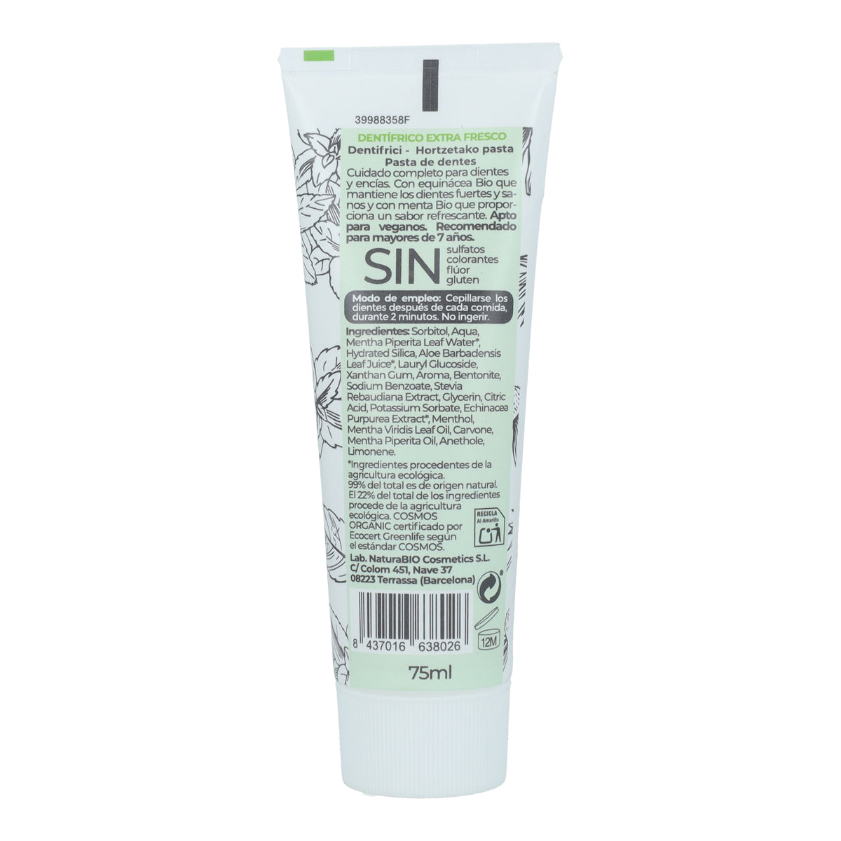 Dentífrico Menta y Equinácea Bio Sin Flúor NaturaBio 75 ml