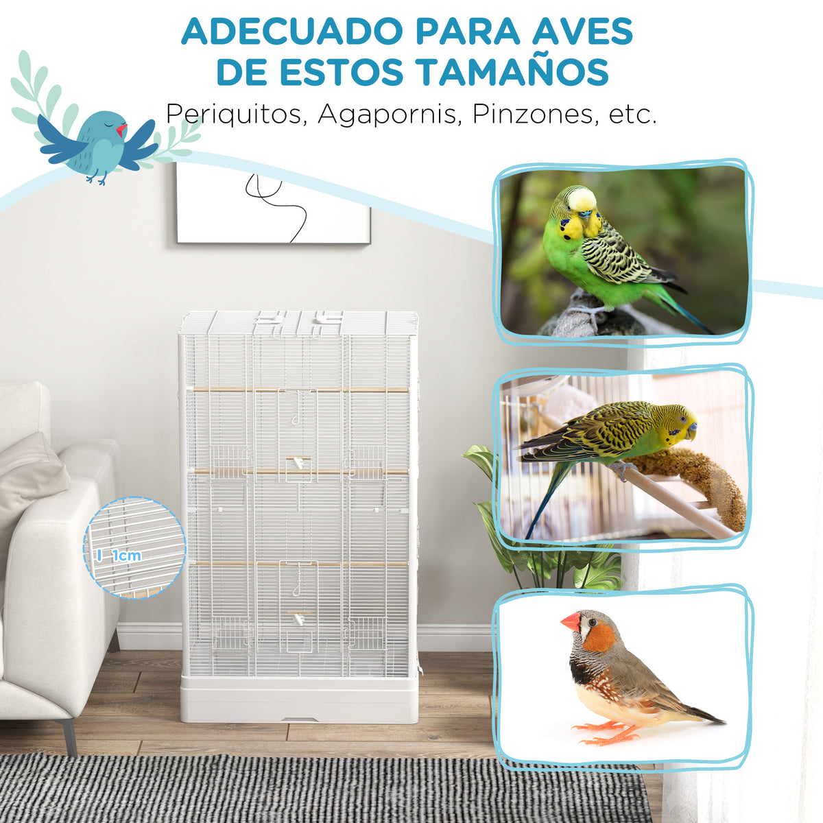 Jaula Para Pájaros Pawhut Acero, Madera De Abeto Blanco 61x36.5x98 Cm_5