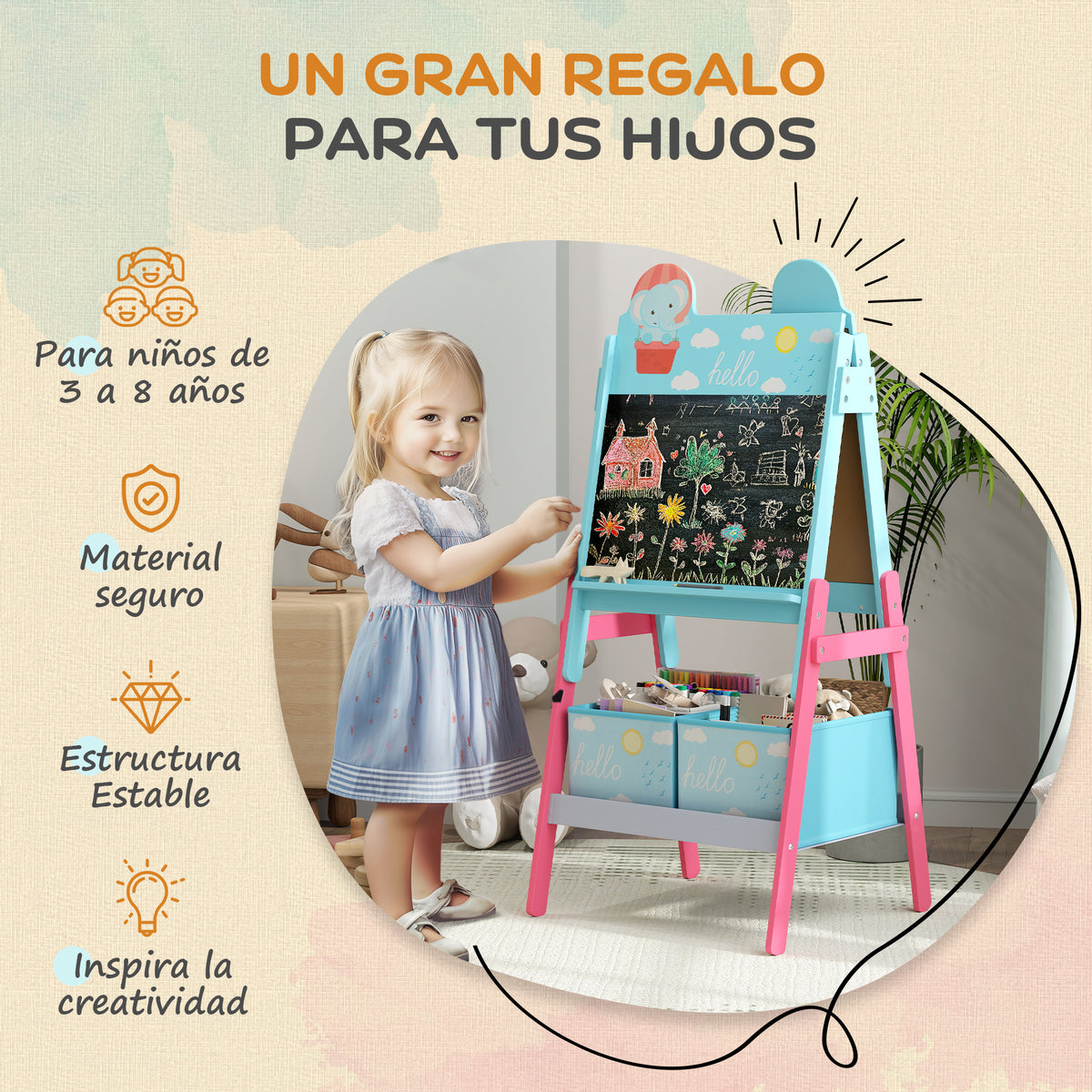 Caballete Infantil Aiyaplay Mdf, Tela No Tejida Azul 53.5x49x113 Cm_5
