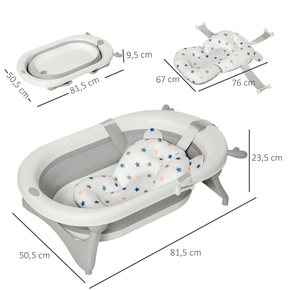 Bañera Para Bebé Plegable Homcom Pp, Tpe Gris 81.5x50.5x23.5 Cm_2