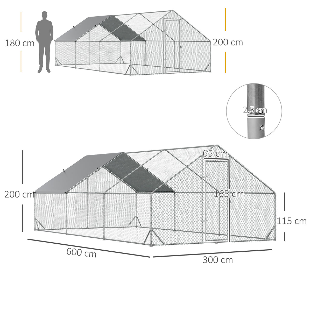 Gallinero De Exterior Acero Galvanizado Con Techo Pawhut 3x6x2 M Plata_2